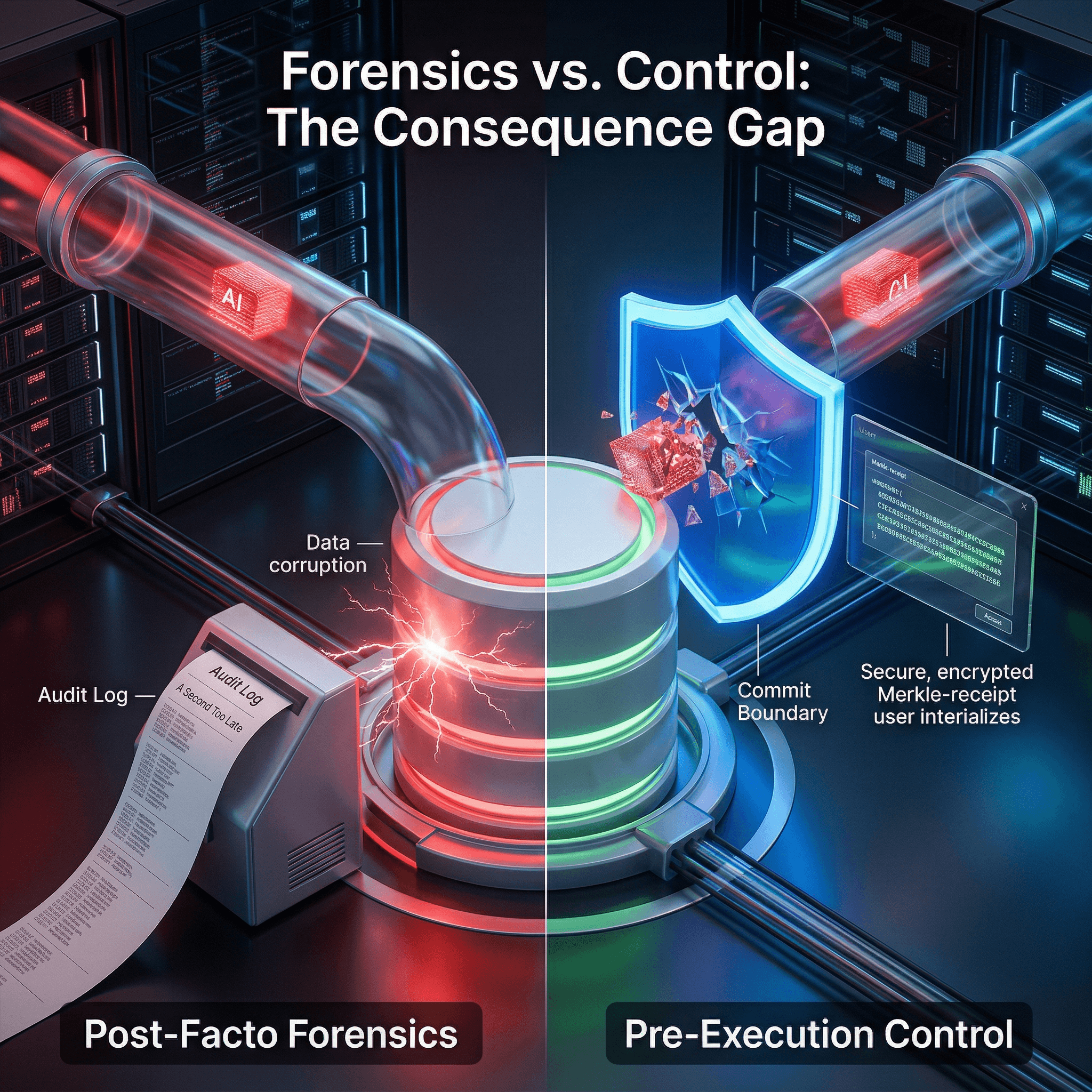 Forensics versus control: observability after the fact versus deterministic intercept at commit time — the consequence gap